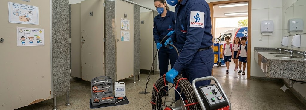 Profissional realizando Desentupimento e Manutenção Preventiva para Escolas, Colégios e Creches em Florianópolis