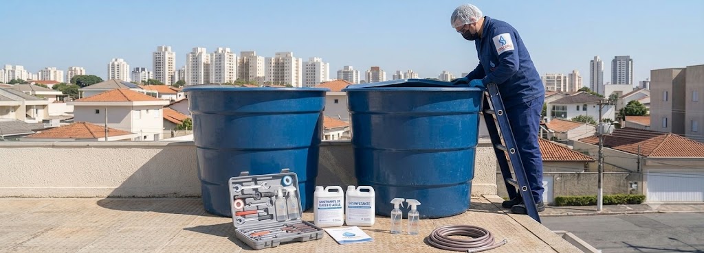 Profissional realizando Imunização e Desinfecção Bacteriológica de Caixas D'água em Florianópolis
